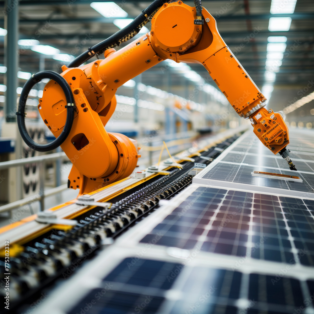 Orange Industrial Robot Arm at Production Line at Modern Bright Factory. Solar Panels are being Assembled on Conveyor. Automated Manufacturing Facility. Orange Industrial Robot Arm at Production Line at Modern Bright Factory. Solar Panels are being Assembled on Conveyor. Automated Manufacturing Facility.