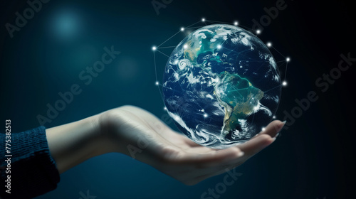 Title: "Digital Earth Grasp"Art Description: Hand holding holographic Earth against dark blue background, futuristic cyberpunk style.
