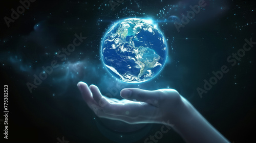 Title: "Digital Earth Grasp"Art Description: Hand holding holographic Earth against dark blue background, futuristic cyberpunk style.