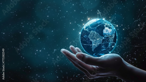 Title   Digital Earth Grasp   Art Description  Hand holding holographic Earth against dark blue background  futuristic cyberpunk style.