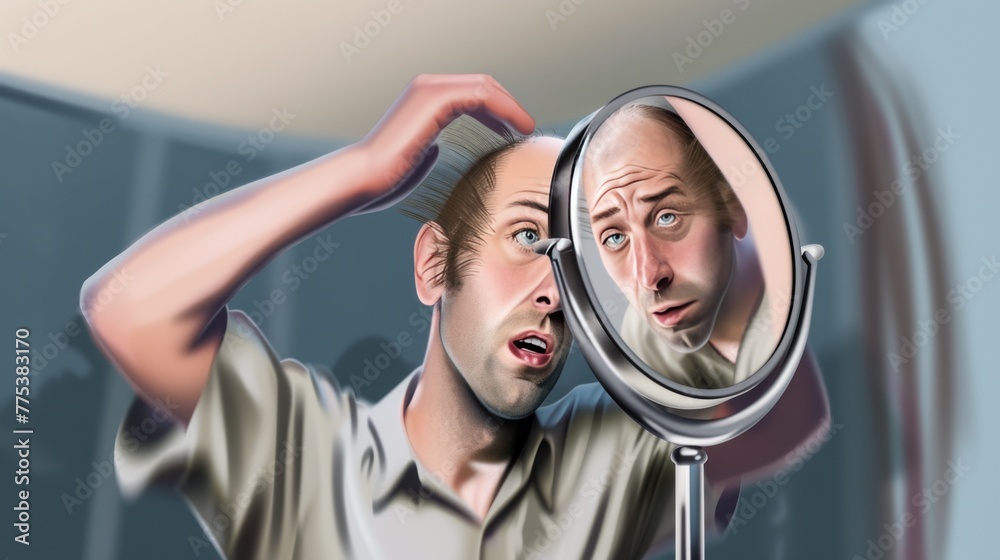 A caricature of a man looking in the mirror and seeing a funny reflection of his alopecia, which creates the effect of a funny and unexpected perception of his own appearance. --no text, titles --ar