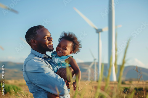 Man Holding Child in Field of Wind Mills photo
