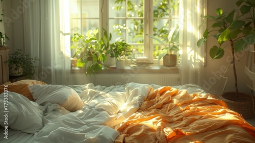 Messy Bed in Morning Sunlight photo