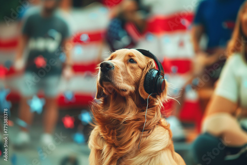Dog wearing headphones on 4th of July, golden retriever, terrier, backyard, 4th of July parade, pets, keep pets safe, ear plugs photo