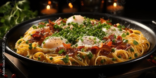 Fettuccine Carbonara with Yolk and Bacon. Served in a Black Pan on a Wooden Table. Culinary Symphony of Rich Flavors 