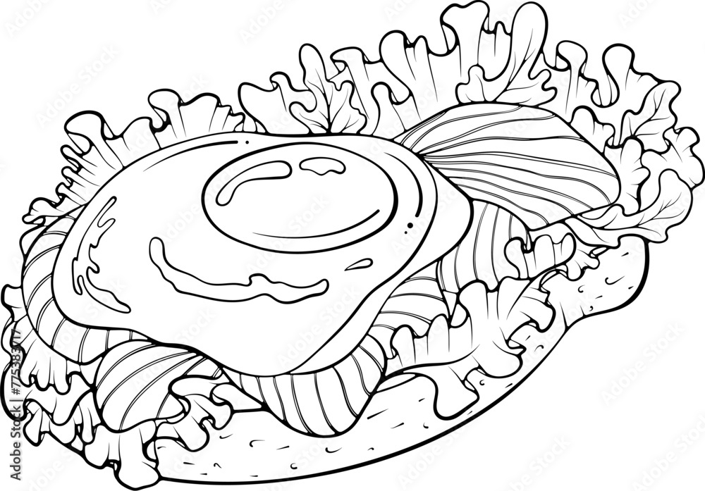 Obraz premium Sandwich with egg and fish for breakfast. Healthy wholesome breakfast with toast and egg. Vector illustration in hand drawn sketch doodle style. Line art isolated on white for coloring book, print
