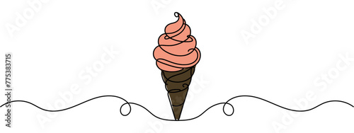 Ice cream in waffle cone in one continuous line drawing. Symbol dessert gelato for menu and business card design in simple linear style. Editable stroke. Doodle contour vector illustration