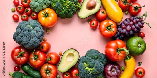 Variety of vegetables and fruits. Top view with blank copy space for text. © anetlanda