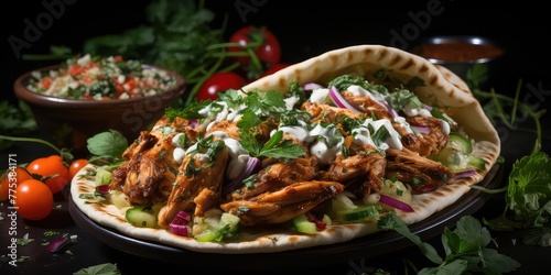 Gyros Pita with Chicken, Sauce, and Vegetables. A Culinary Tapestry on a Dark Background, Savory Delight Captured  ©  Photography Magic
