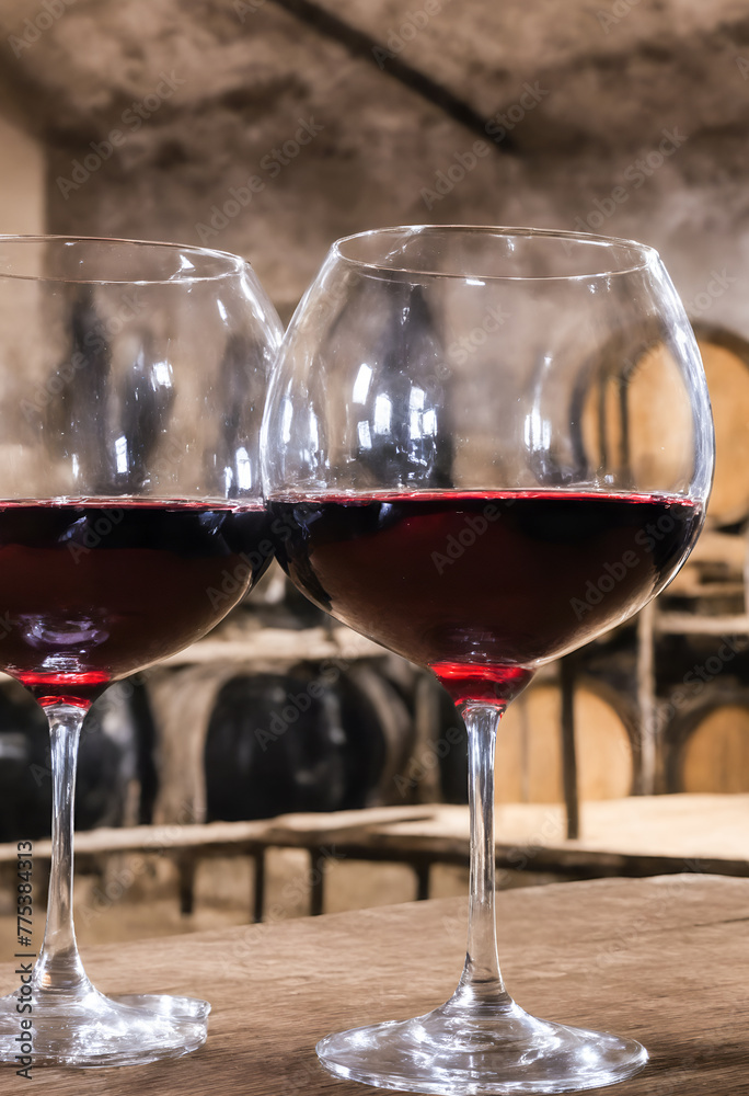 Red wine glass on wooden table in celler.