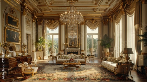 Luxurious neoclassical drawing room with opulent chandeliers and gold trim, captured professionally photo