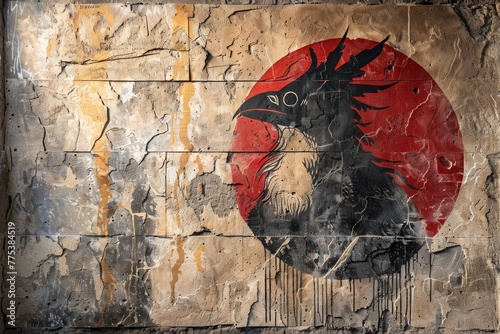 Striking Red and Black Bird Graffiti on a Weathered Urban Wall