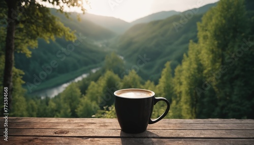 Coffee cup on wooden table in front of beautiful mountain landscape