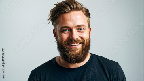 man with a beard wearing a black shirt smiling while looking at the camera on a clean background photo