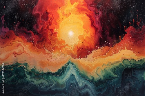 Vivid Abstract Artwork Depicting a Fiery Sunset Over Turbulent Ocean Waves