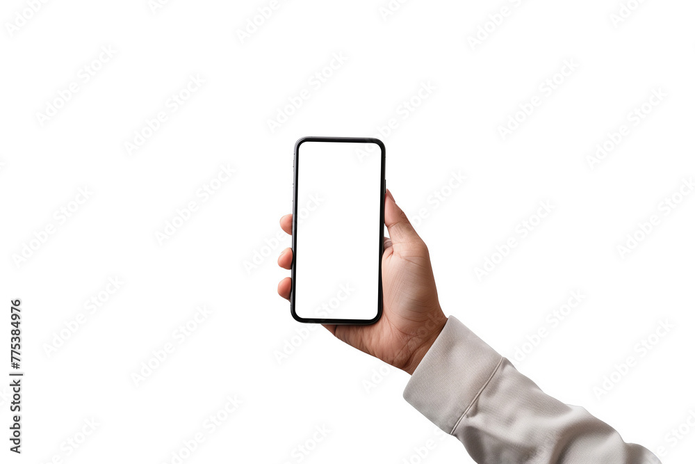 Hand holding smartphone over transparent background