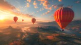 Hot air balloons drifting over a patchwork landscape