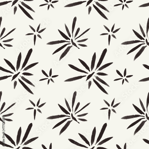 Seamless abstract botanical pattern. Black flowers on grey background. Digital brush strokes. Design for textile fabrics, wrapping paper, background, wallpaper, cover.