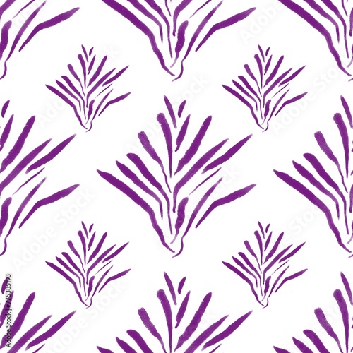 Seamless abstract botanical pattern. Purple leaves on white background. Digital brush strokes. Design for textile fabrics, wrapping paper, background, wallpaper, cover.