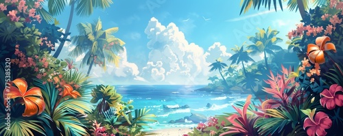 Beautiful tropical landscape with colorful flowers and plants Generative AI