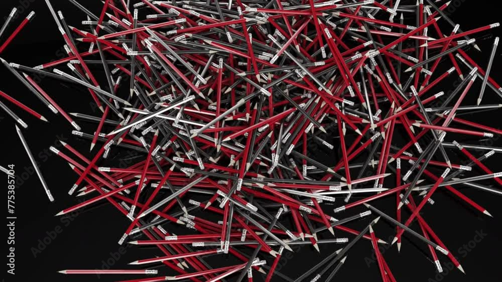 Close-up of a pile of pencils on a black background. 3d rendering animation. Close-up of a pile of pencils on a black background. 3d rendering animation.