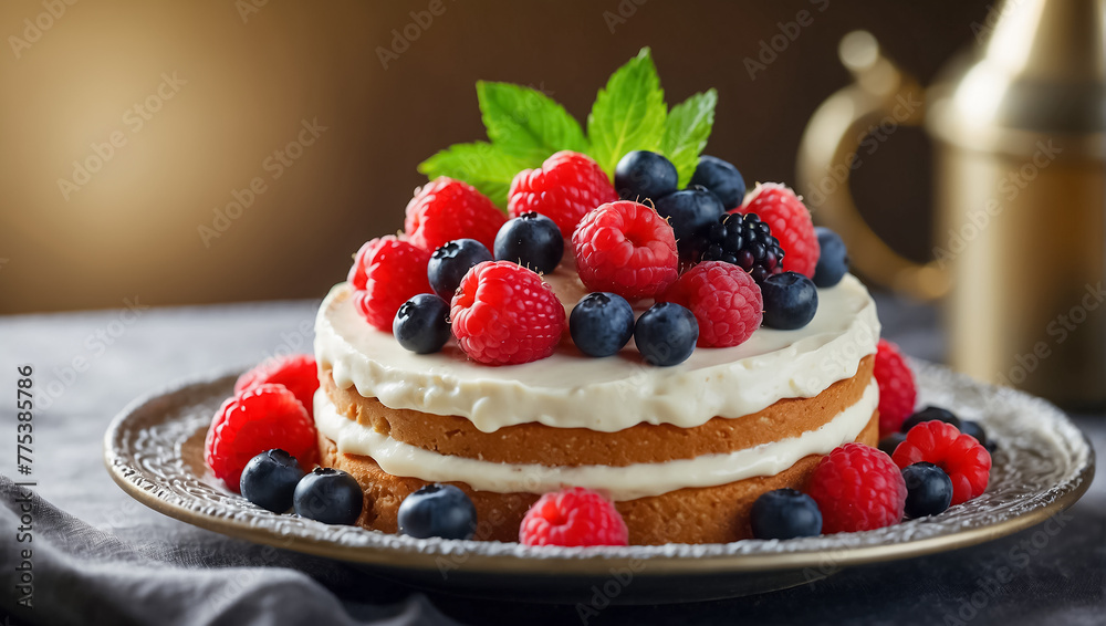 Delicious cake with berries on the table Delicious cake with berries on the table