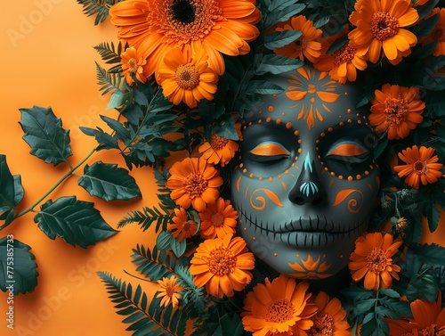 portrait featuring face with Day of the Dead makeup surrounded by marigolds on orange background