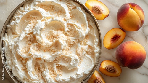   A photo of a close-up pie with whipped cream and peaches on a white marble table © Anna