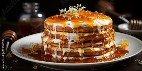 Sweet treat! Honey cake on the table. Golden layers, sticky honey drizzle. Ready to share and enjoy!  ©  Photography Magic
