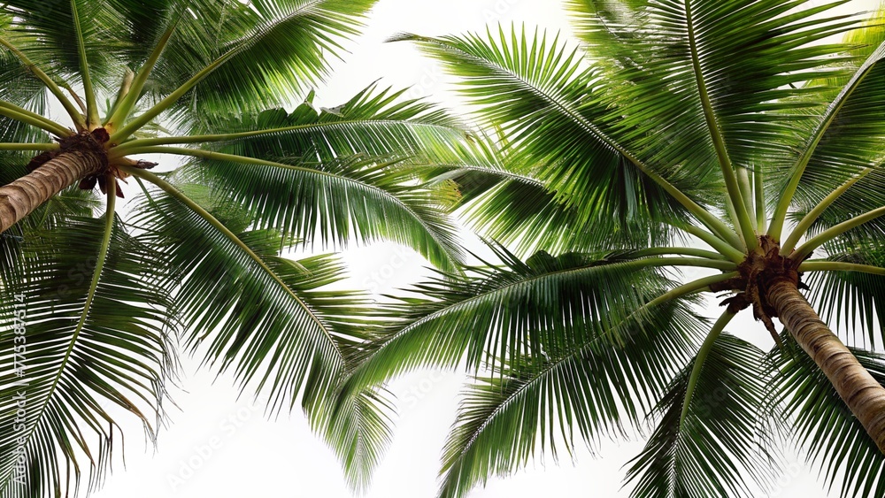 Fototapeta premium A view from below showcasing palm branches set against a clean white background. Dynamic perspective of coconut trees from a lower angle.