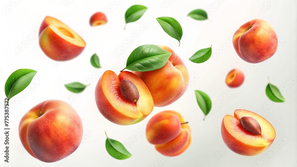 Peaches, ripe and succulent, tumble gracefully amidst verdant leaves against a pristine white backdrop. Slices of peach dance in the air, their outlines softening into a mesmerizing blur. Peaches, ripe and succulent, tumble gracefully amidst verdant leaves against a pristine white backdrop. Slices of peach dance in the air, their outlines softening into a mesmerizing blur.
