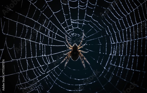 Spider on the web at night. Shallow depth of field.