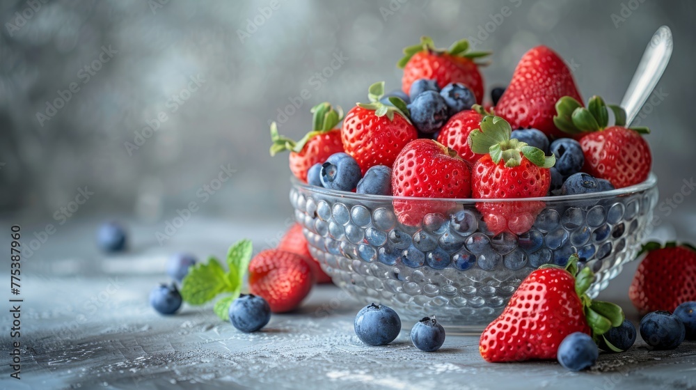   A bowl brimming with blueberries and strawberries sits beside a heap of the same fruits on a table