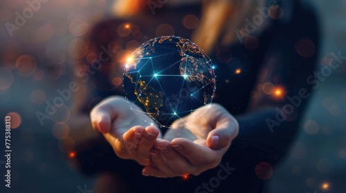 Woman hand holding virtual globe with digital network connection. AI generated image