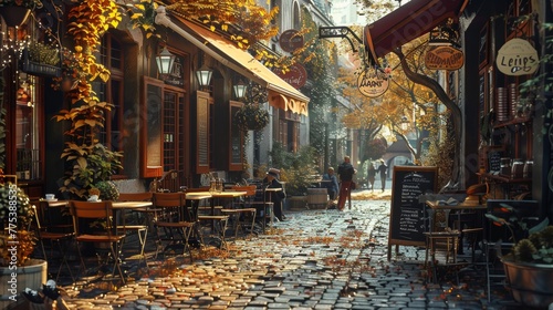 European caf  scene with outdoor seating and patrons in high resolution photorealism