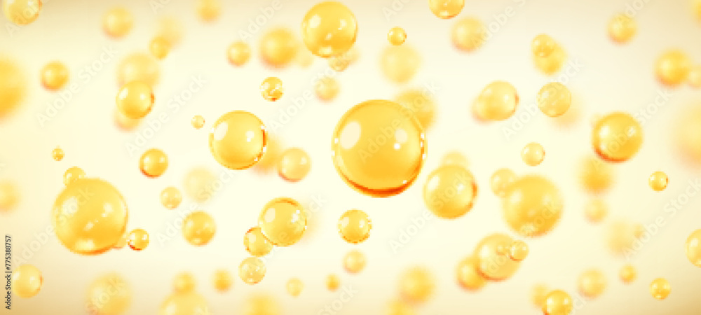 Golden oil bubbles, liquid collagen or serum. Skin care cosmetic product texture or clear essence. Concept skin care cosmetics solution. Vector realistic illustration