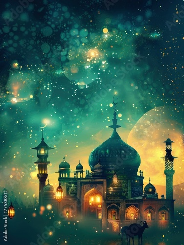 Eid Mubarak greeting image Mosque with Goat and lantern lamp and copy space - generative ai © Nia™