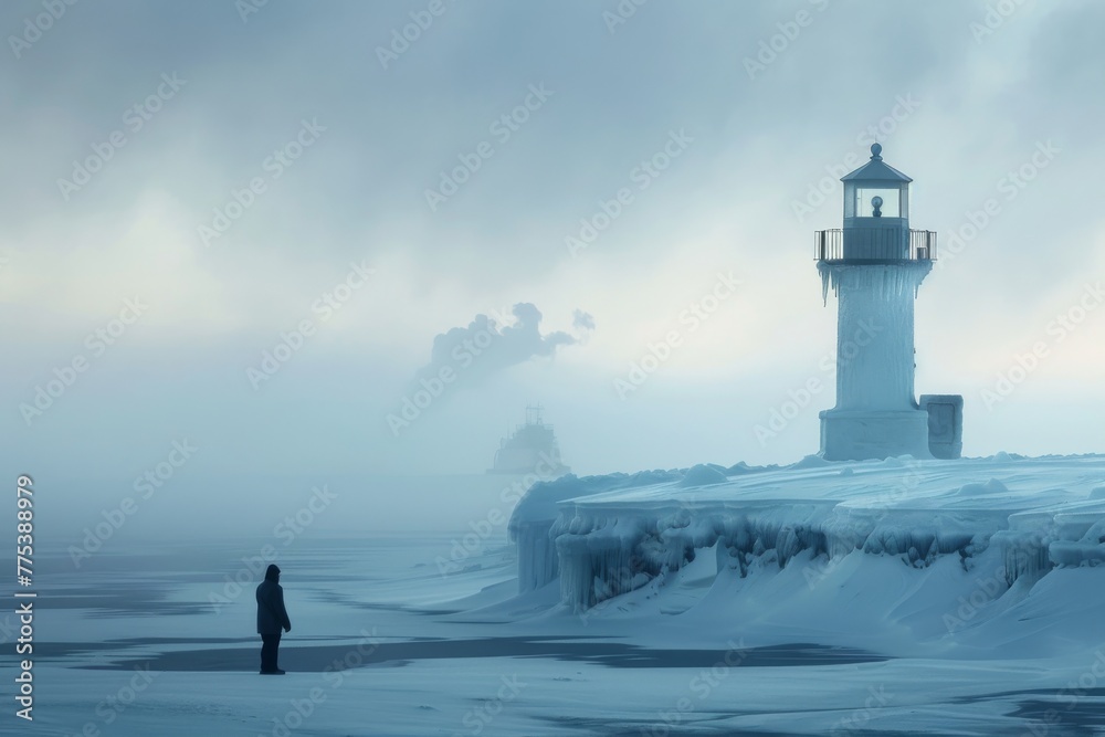 Solitary figure by a frozen lighthouse on a misty winter day