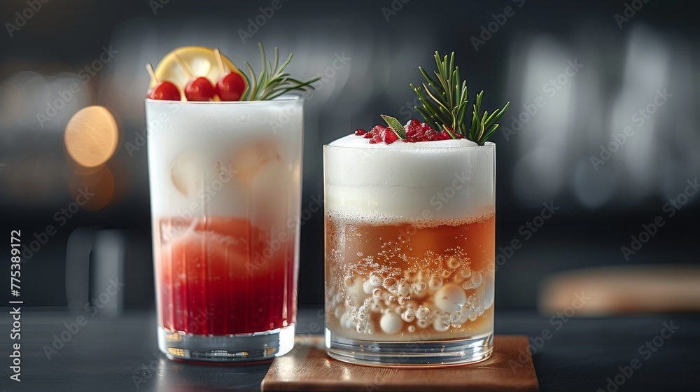 A couple of drinks rest on a wooden cutting board, atop the table A couple of drinks rest on a wooden cutting board, atop the table