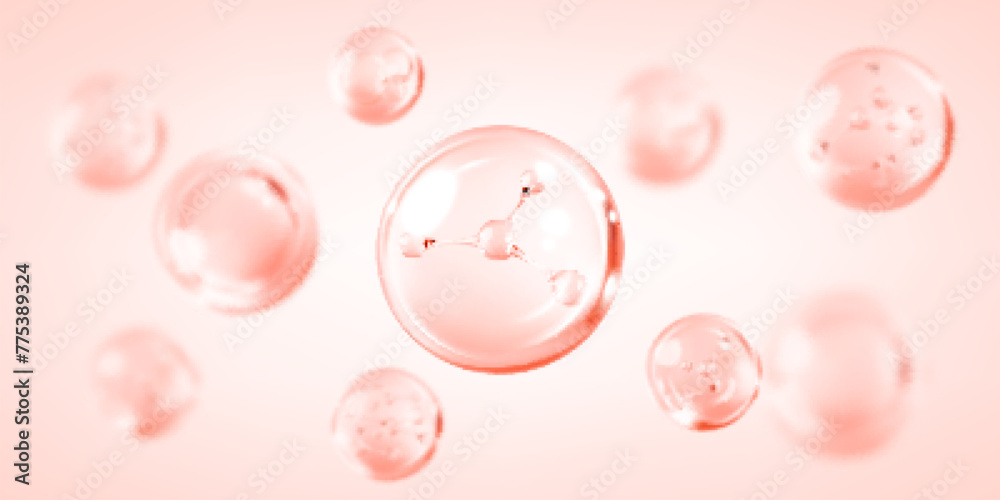 Molecule inside bubble on pink background. Pink collagen serum drops. Concept skin care cosmetics solution. Vector illustration