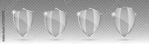 Set of glass shields. Protected guard shield concept. Safety badge icon. Privacy banner shield. Security safeguard label. Realistic vector illustration photo