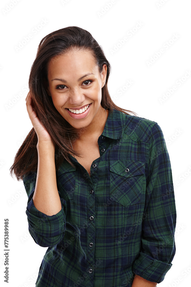 Woman, portrait and hair with smile, clothing and shirt in white background or studio. Female person, haircare and happy for fashion, apparel and outfit in backdrop, cheerful and edgy for style Woman, portrait and hair with smile, clothing and shirt in white background or studio. Female person, haircare and happy for fashion, apparel and outfit in backdrop, cheerful and edgy for style