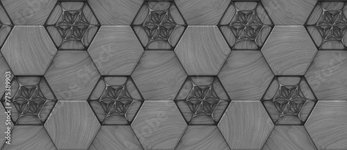 3D hexagon made of black painted wood with black grid decor photo