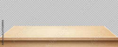 Wooden surface of desk isolated on transparent background. Kitchen top made of timber board. Light wooden tabletop. Realistic vector illustration photo