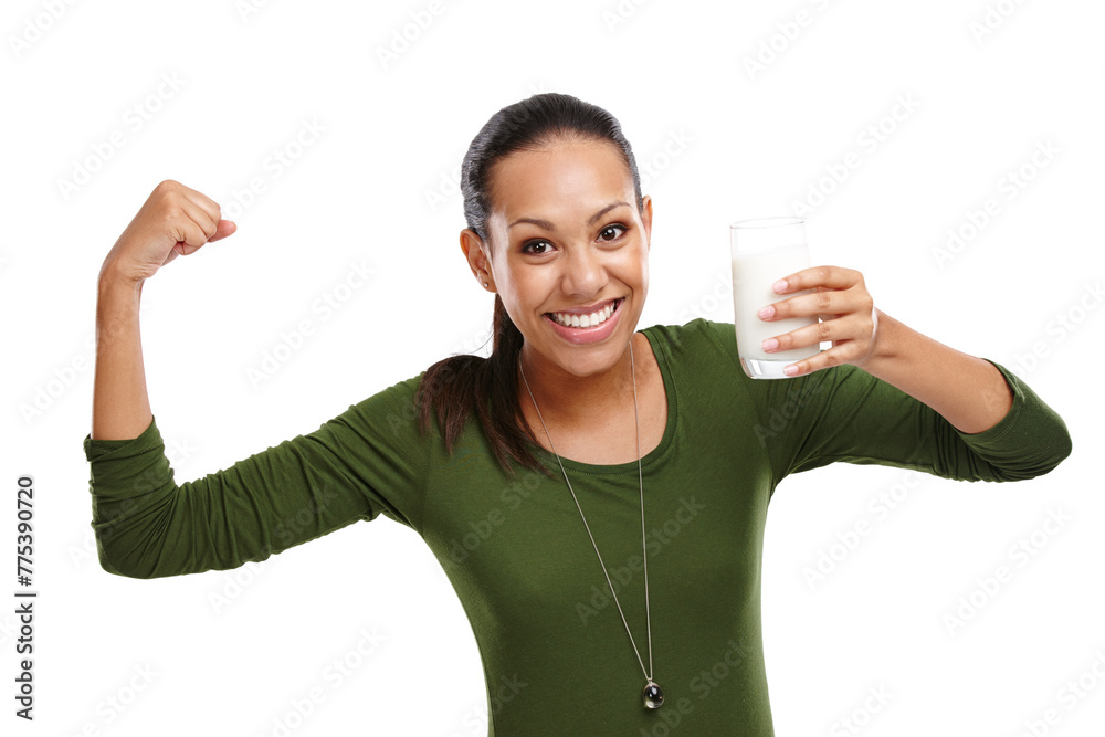 Woman, portrait and milk for strong in studio, dairy and milkshake for nutrition on white background. Female person, arm flex and proud of vanilla smoothie for diet, weight loss and empowerment