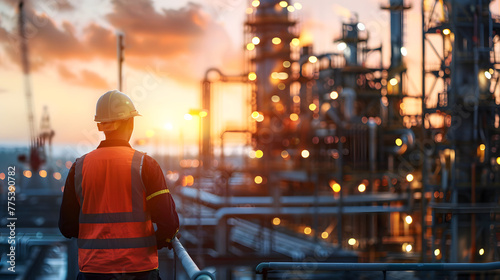 Industrial worker with helmet and vest, factory plant background