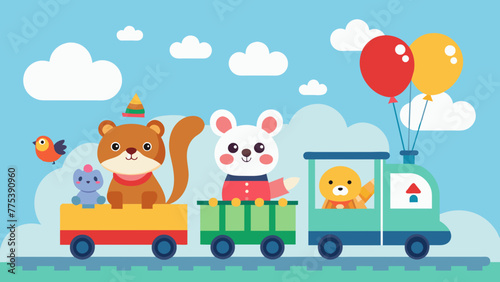 Whimsical Illustration Cute Animals Balloon Riding a Train A Vector Delight!