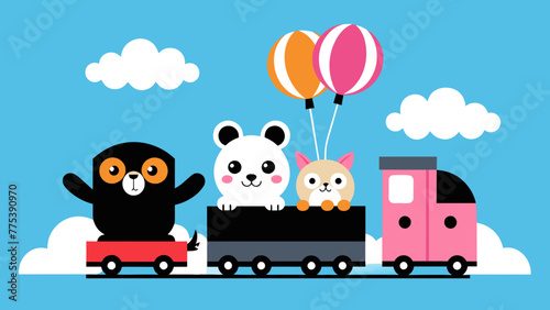 Whimsical Illustration Cute Animals Balloon Riding a Train A Vector Delight!