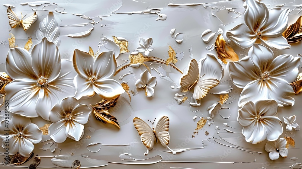 white butterflies on white with gold tint flowers painted with oil white butterflies on white with gold tint flowers painted with oil