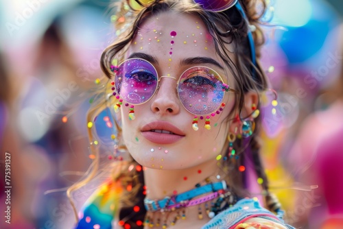 A young woman with purpurin makeup and bright and colorful clothes having a good time at music festival